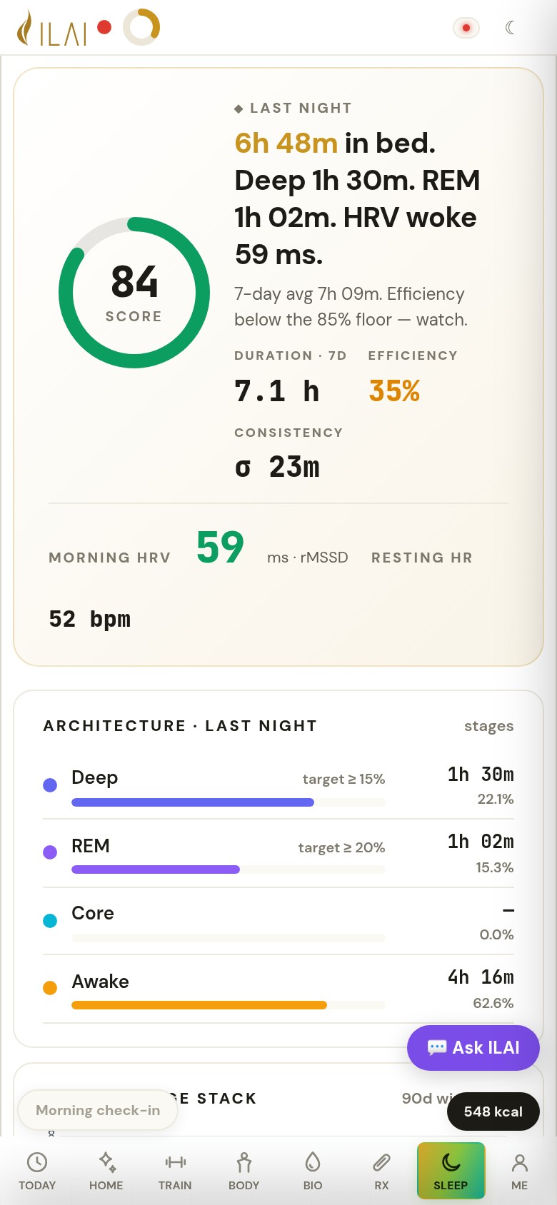 Sleep tab: last night's score and stages, the seven-night stage stack, sleep correlations with HRV and resting heart rate, consistency and efficiency