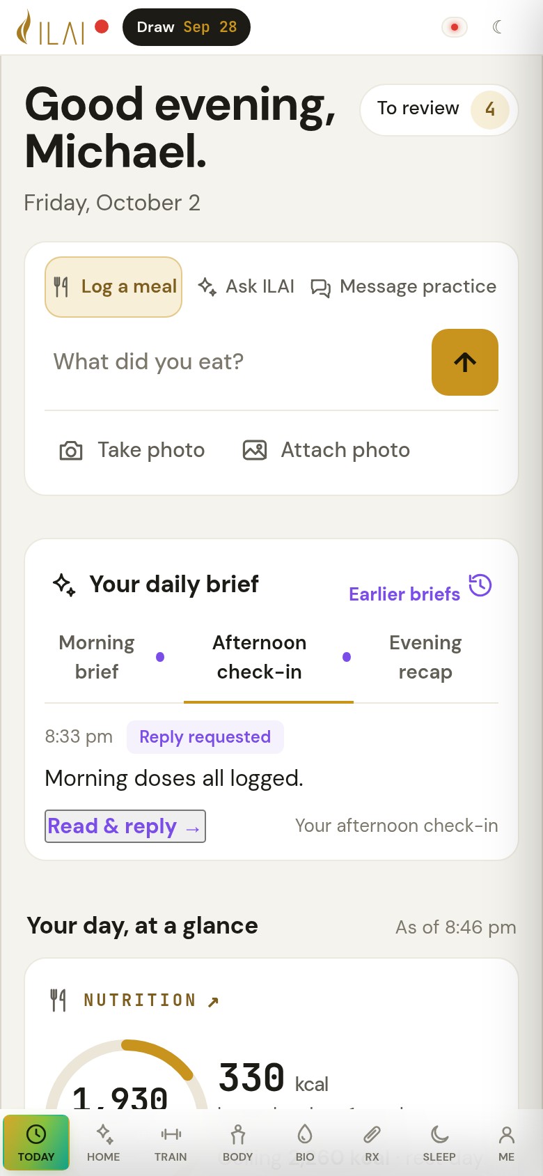 Today on Michael Chen's phone, a synthetic patient: the composer, the daily brief and the day at a glance