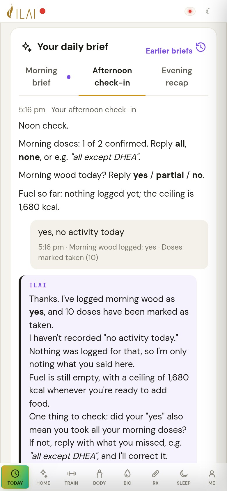 Today at 12:05: the afternoon check-in card, two morning doses still unconfirmed, the check-in question, protein so far against the floor
