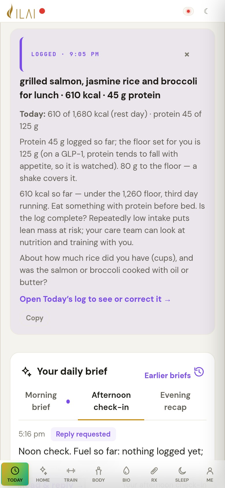 Sarah’s Today screen after lunch: the meal she logged by text, its row open with the items and ILAI’s estimate, today’s totals against the calorie ceiling and the protein floor