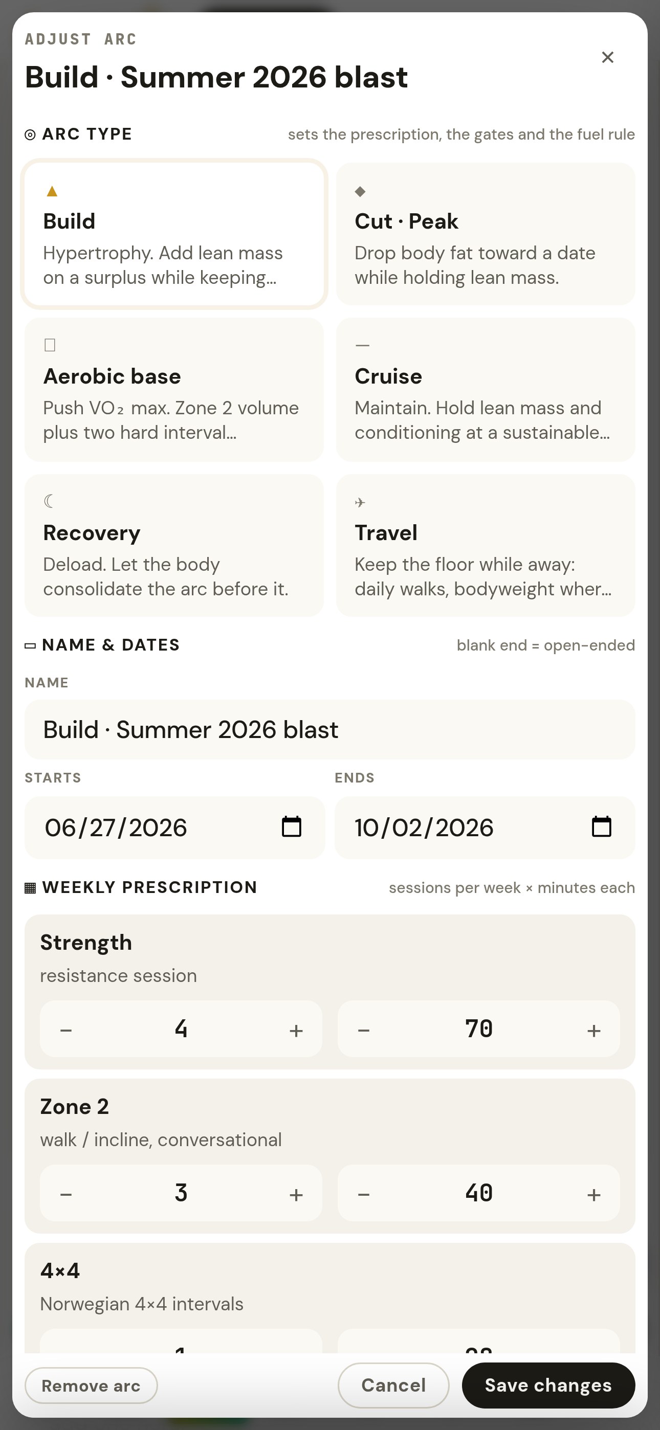 The arc editor on Alex Morgan’s phone, a synthetic patient: arc type cards Build, Cut · Peak, Aerobic base, Cruise, Recovery, Travel; name Build · Summer 2026 blast, starts 06/27/2026, ends 10/02/2026; weekly prescription strength 4 × 70 min, zone 2 3 × 40, 4×4 1 × 28, mobility 2 × 15, steps floor 10,000; photo check-in every 14 days; protocol cycle Summer 2026 blast.